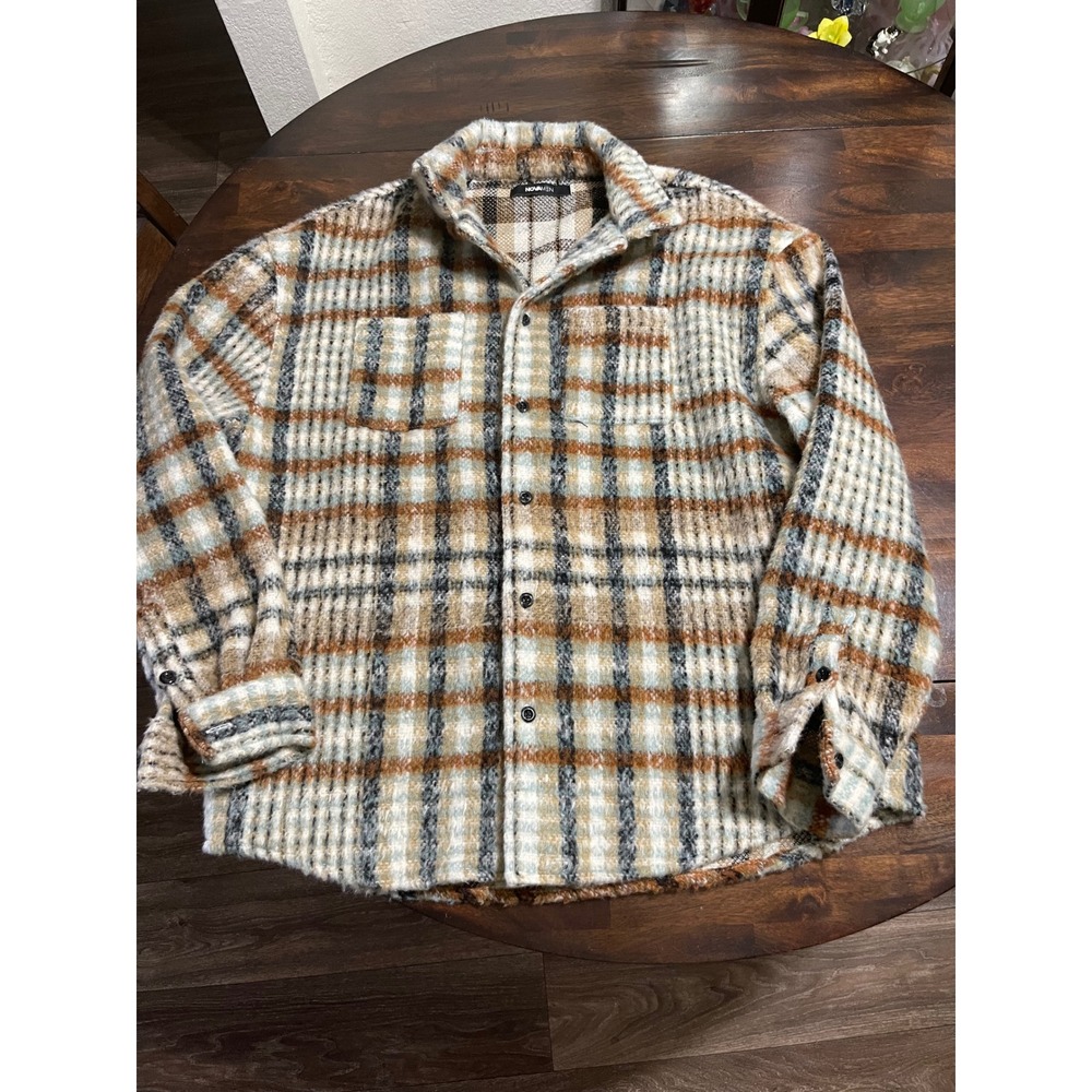 NovaMen Fashion Nova Plaid Fuzzy Shacket Mens Medium Brown Tan Blue Check Jacket